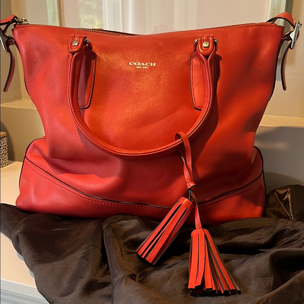 Coach Red Pebbled Leather Tote with Tassels